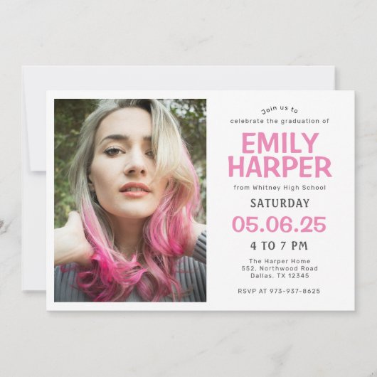 Invitation Photo Modern Pink Typographie Graduation Invitatio (Devant)