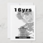 Invitation photo moderne 16e anniversaire noir bla (Devant)