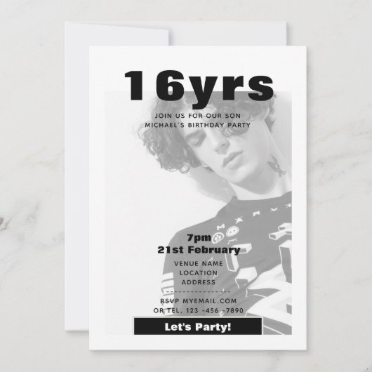 Invitation photo moderne 16e anniversaire noir bla (Devant)
