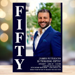 Invitation Photo moderne 50th Birthday Party<br><div class="desc">Cet homme moderne 50th Birthday Bold Type Photo Invitation est parfait pour célébrer l'homme dans votre vie qui a cinquante ans. Le mot "cinquante" est dans une fabuleuse police casquette en blanc sur bleu marine. Vous choisissez la photo qui rend cette invitation unique à votre invité d'honneur. Les modèles sont...</div>