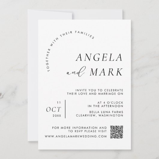 Invitation Photo moderne avec code QR Mariage noir et blanc (Devant)
