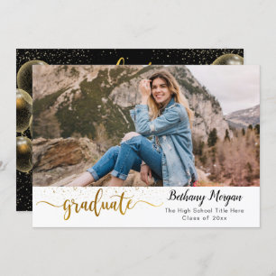 Invitation Photo moderne Black Gold Balloon Script Graduation