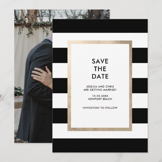 Invitation Photo moderne Black White Stripe Rose Gold Foil (Devant / Derrière)