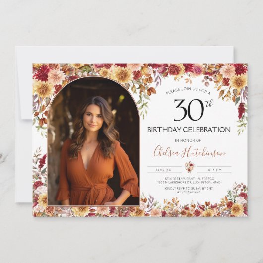 Invitation Photo moderne Boho Floral 30th Birthday Party (Devant)