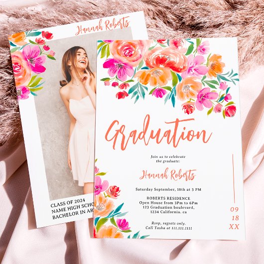 Invitation Photo moderne Boho orangé graduation florale