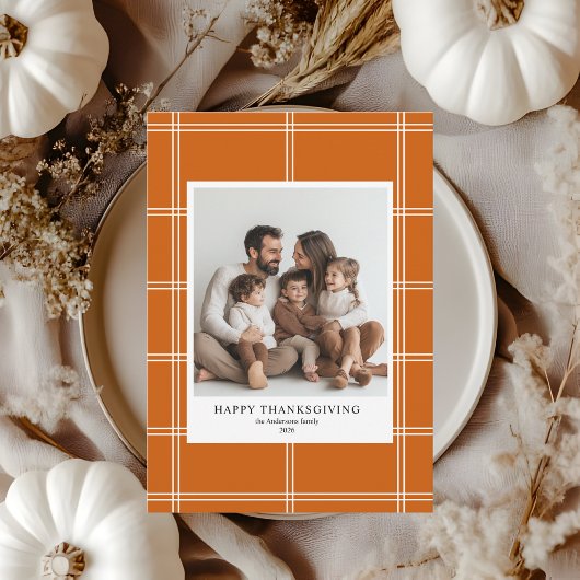 Invitation Photo moderne Burning Orange Plaid Thanksgiving