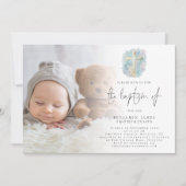 Invitation Photo moderne Croix Baptême Bleu (Devant)