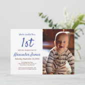 Invitation Photo moderne Denim Blue Stried Boy Anniversaire (Debout devant)