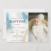 Invitation Photo moderne élégante Baptême Bleu (Devant)