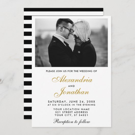 Invitation Photo moderne élégante Mariage rayé or BW (Devant / Derrière)