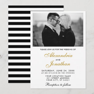 Invitation Photo moderne élégante Mariage rayé or BW
