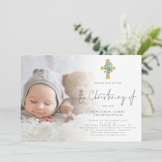 Invitation Photo moderne Eucalyptus Cross Christing (Debout devant)