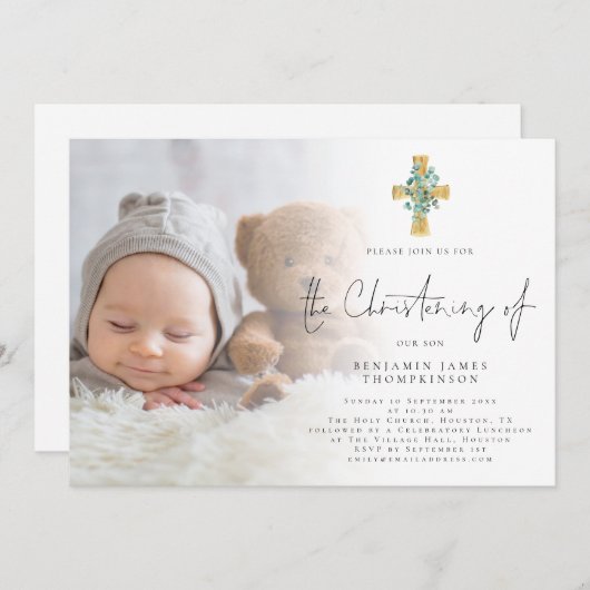 Invitation Photo moderne Eucalyptus Cross Christing (Devant / Derrière)