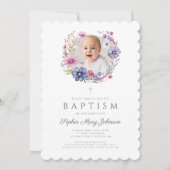 Invitation Photo moderne Fleur sauvage Wreath Girl Baptism (Devant)
