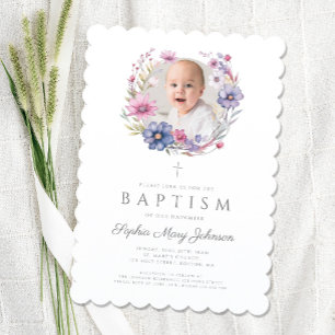 Invitation Photo moderne Fleur sauvage Wreath Girl Baptism