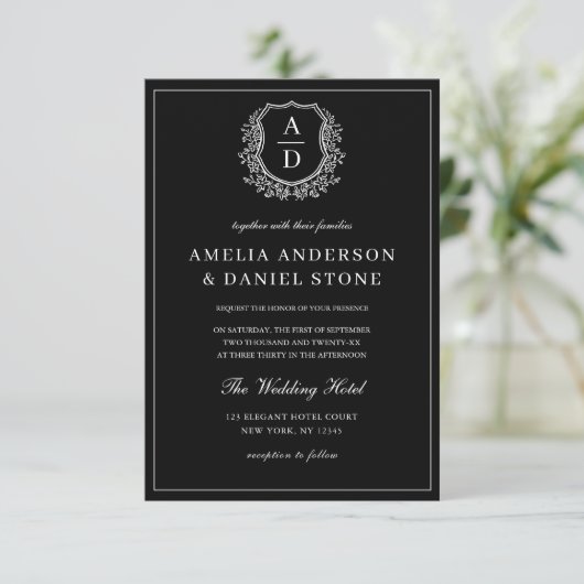 Invitation Photo moderne Floral Crest Monogramme Mariage Form (Debout devant)