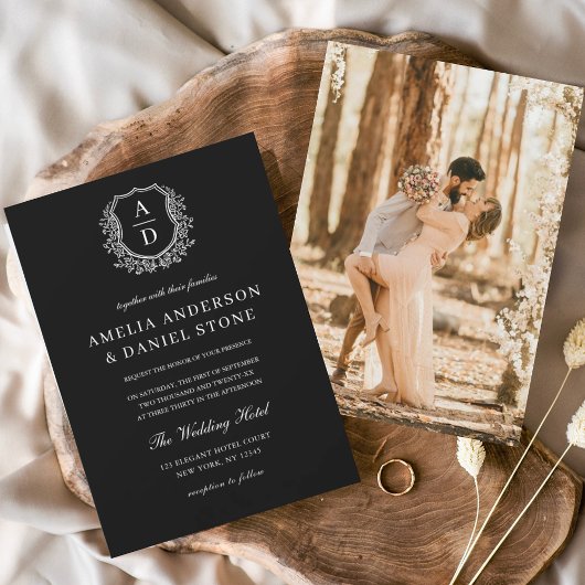Invitation Photo moderne Floral Crest Monogramme Mariage Form