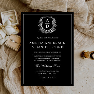 Invitation Photo moderne Floral Crest Monogramme Mariage Form