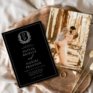 Invitation Photo moderne Floral Crest Monogramme Mariage Form