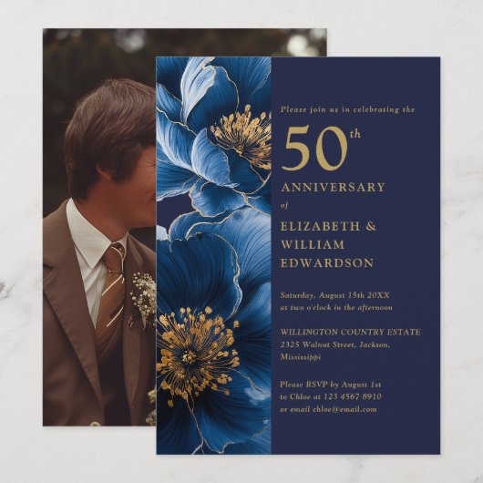 Invitation Photo moderne Florale Bleue Et Or 50e Anniversaire (Devant / Derrière)