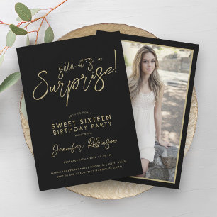 Invitation Photo moderne Gold & Black Surprise Sweet 16