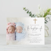 Invitation Photo moderne Gold Cross jumeaux Baptême (Debout devant)