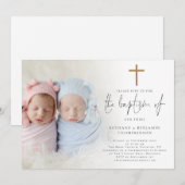 Invitation Photo moderne Gold Cross jumeaux Baptême (Devant / Derrière)