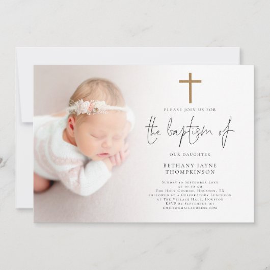 Invitation Photo moderne Gold Parties scintillant Croix Baptê (Devant)