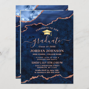 Invitation PHOTO moderne Golden Blue Marble Party de graduati