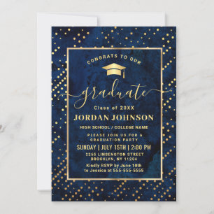 Invitation PHOTO moderne Golden Blue Marble Party de graduati