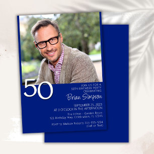 Invitation Photo Moderne Minimaliste Anniversaire 50 Ans Bleu