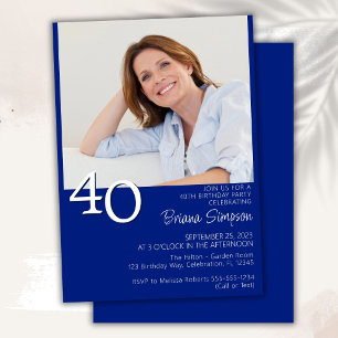 Invitation Photo Moderne Minimaliste Bleu Royal 40e Anniversa
