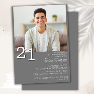 Invitation Photo Moderne minimaliste gris 21e anniversaire