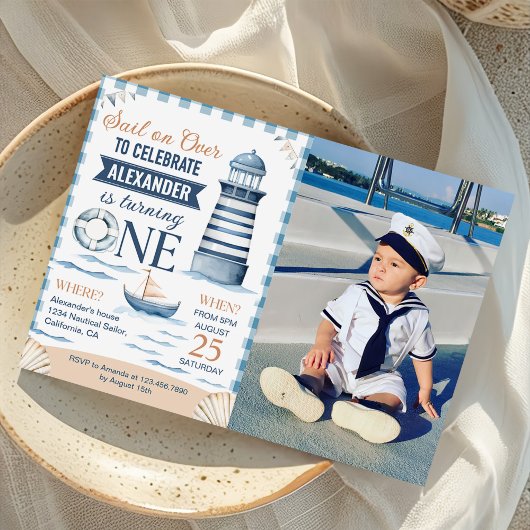 Invitation Photo moderne Nautical Blue Boy 1er anniversaire