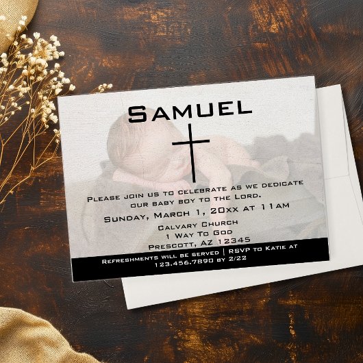 Invitation Photo moderne noir et blanc pour la dédicace de bé