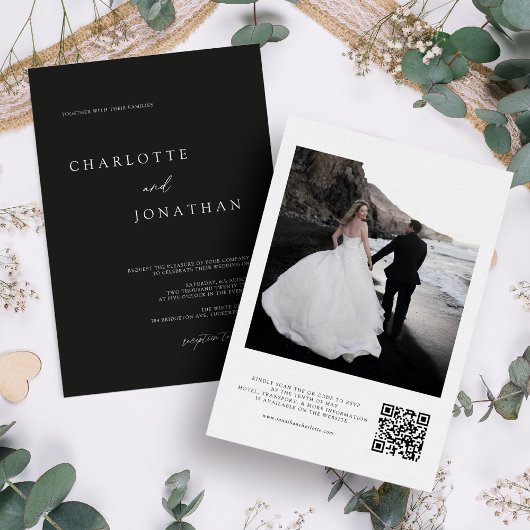Invitation Photo moderne noir et blanc QR Code Mariage