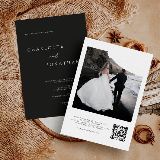 Invitation Photo moderne noir et blanc QR Code Mariage