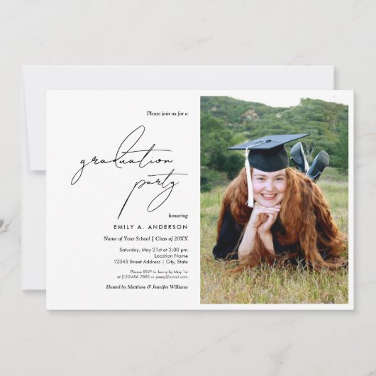 Invitation Photo moderne noir et blanc Script Graduation (Devant)