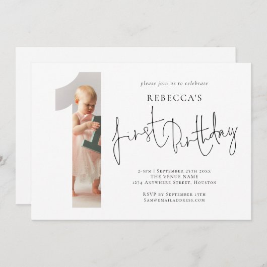 Invitation Photo moderne Numéro Une forme 1er anniversaire (Devant / Derrière)