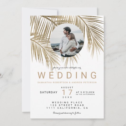 Invitation Photo moderne palmier or élégant mariage (Devant)