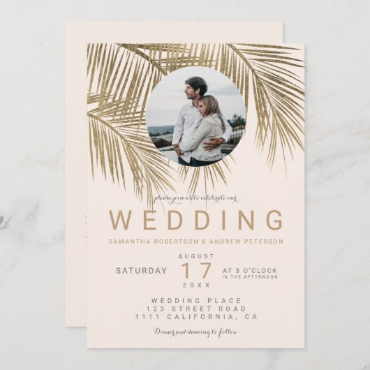 Invitation Photo moderne palmier or rousse rose mariage (Devant / Derrière)