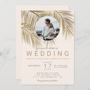 Invitation Photo moderne palmier or rousse rose mariage