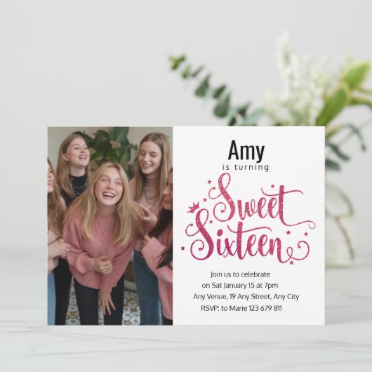 Invitation Photo moderne Parties scintillant rose douce 16e a (Debout devant)