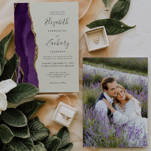 Invitation Photo moderne Purple Gold Agate Mariage ivoire