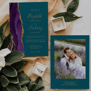 Invitation Photo moderne Purple Gold Agate Mariage Turquoise