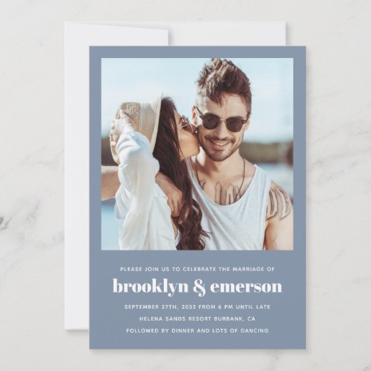 Invitation Photo moderne QR Code Dusty Mariage bleu (Devant)