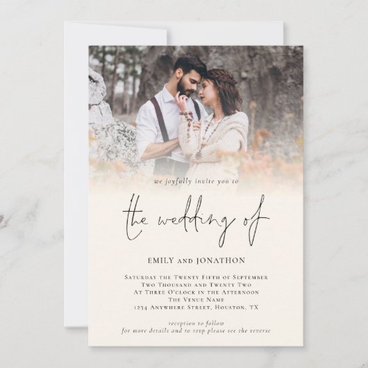 Invitation Photo moderne QR Code Script Cream Mariage (Devant)