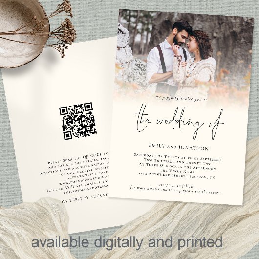 Invitation Photo moderne QR Code Script Cream Mariage