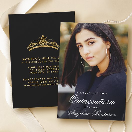 Invitation Photo moderne Quinceanera Or et noir