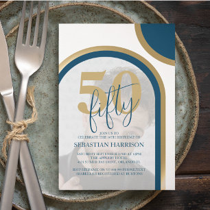 Invitation Photo Moderne Retro Bleu Et Or Anniversaire
